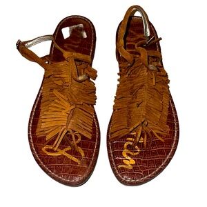 Brown tan fringe thong sandals